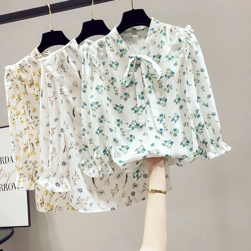 

Women's Blouses & Shirts Sweet Printing Scarf Collar Floral Chiffon Shirt Women Korean Casual Slim Plus Size Blouse Ladies 2021 Summer Tops, White