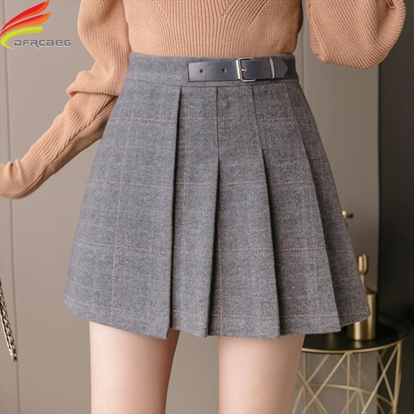 

autumn winter woolen pleated mini womens skirt with lining high waist zipper up casual a line belt plaid skirts, Black