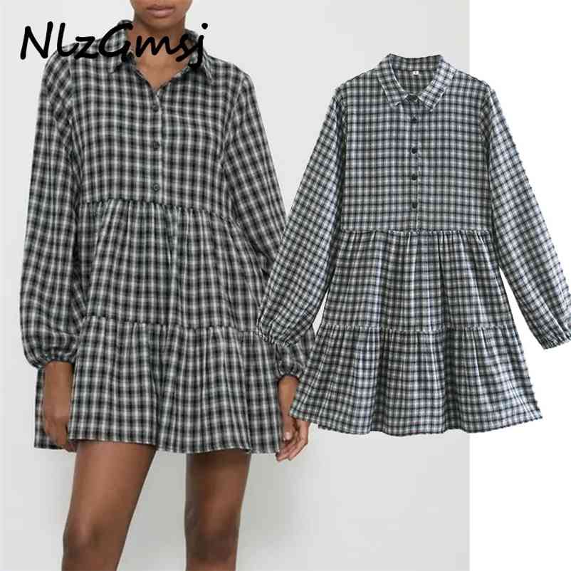

Dres Loose Lattice Print Casual Mini Long Sleeve Button-up Elegant Autumn Spring Ropa De Mujer 210628, As picture