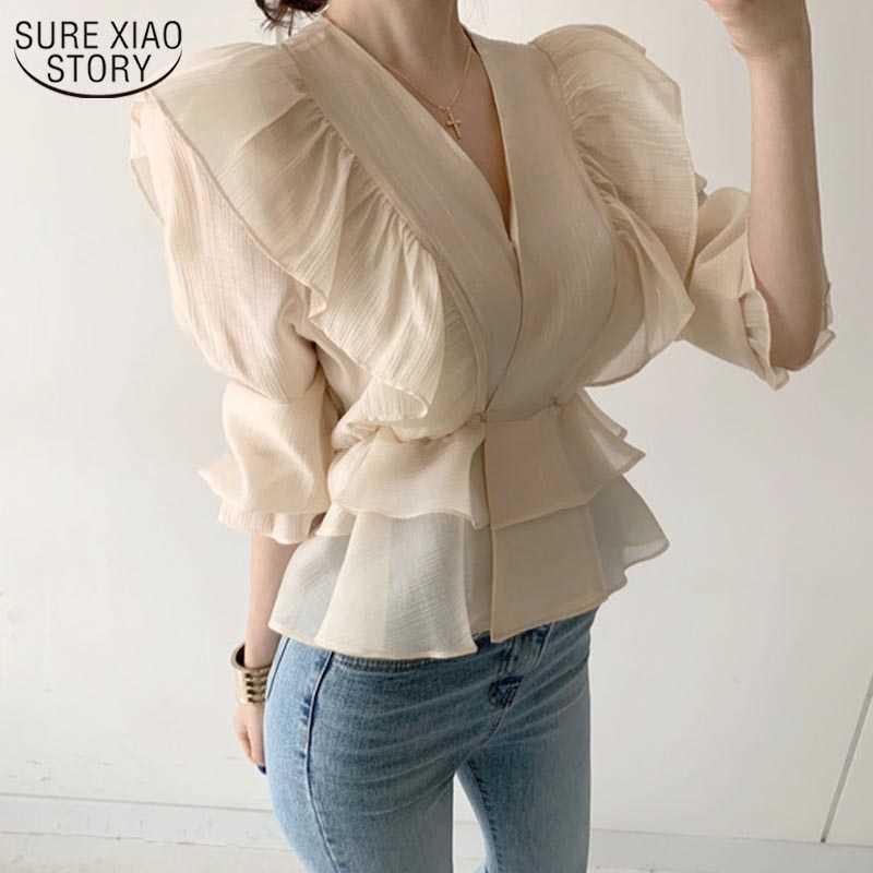 

Fashion Woman's Shirt Vintage Female Ruffled Deep V-neck Silk Shirt Waist Hugging Slimming Chiffon Blouse Solid Sweet 10334 210527, Apricot