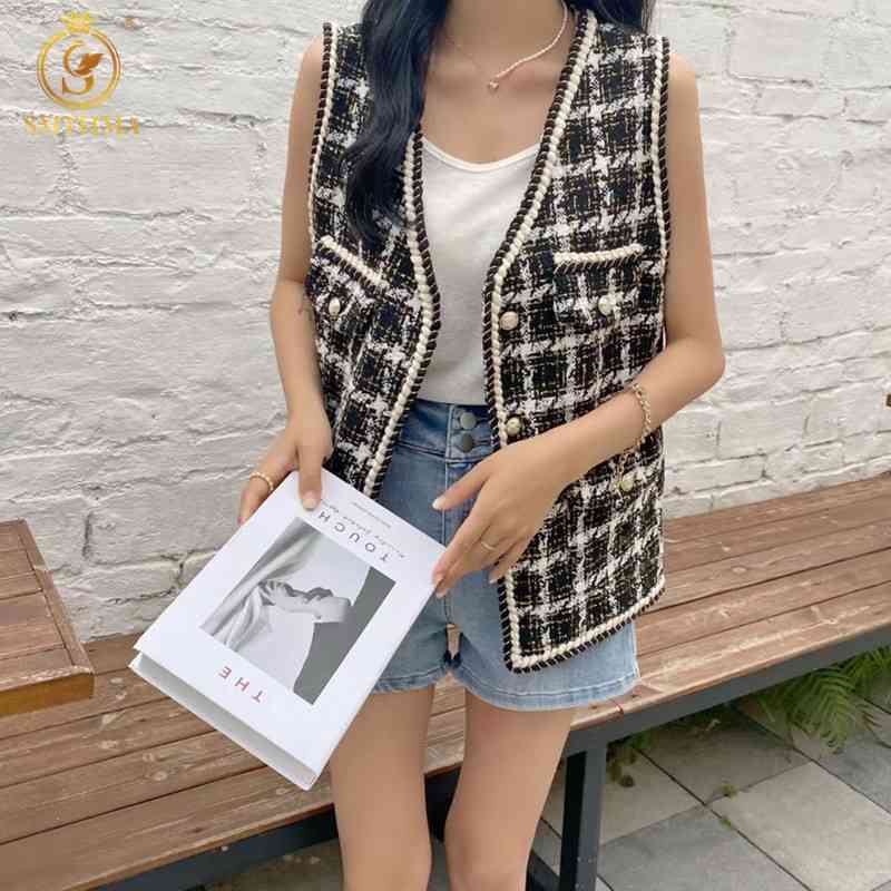 

Spring Summer Women Plaid Vest Tweed Sleeveless Jacket Fashion Coat Lady Vintage Woolen s 210520, Photo color