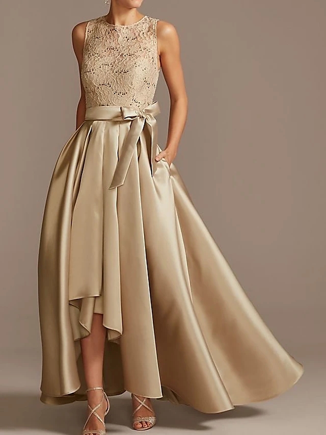 

High Low Champagne Mother of the Bride Dress Bow Plus Size Elegant Vintage Top Lace Ankle Length Satin 2022 Groom Party Gown