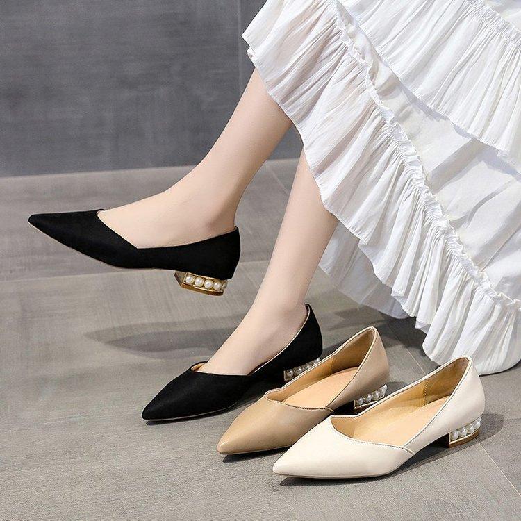 

Sandals 2021 Summer Low Pearl Heel Female Shoes Slip On Peep Toe Outdoor Sandal Office Working Women Mules Pumps, Apricot