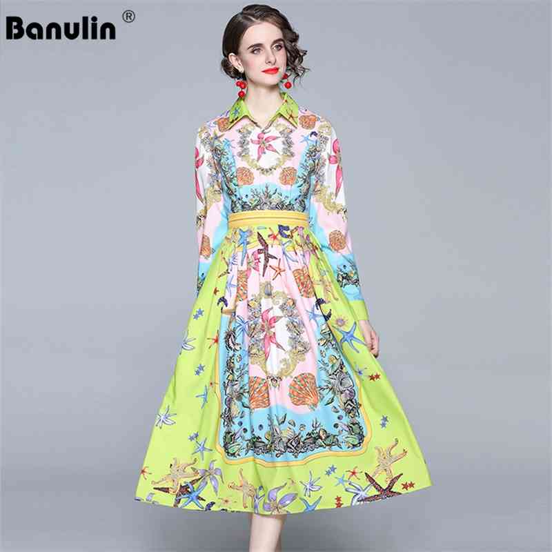 

Banulin Spring Runway Floral Midi Dress Women's Long Sleeve Vintage Print Elegant Party Pleated Vestidos 210603, The picture color