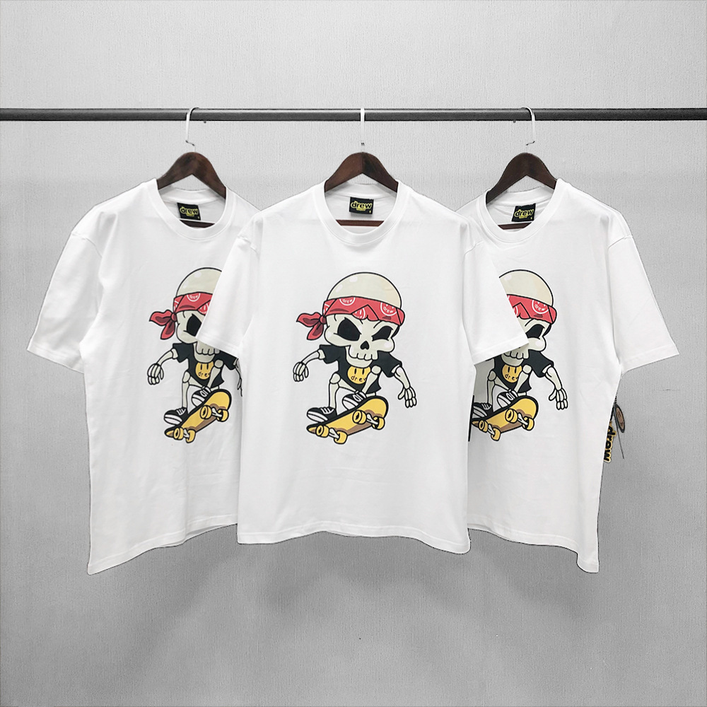 

Drew short sleeve Skull Pirate skateboard smiley face print trendy high street vibe loose T-shirt 33OT, White;black