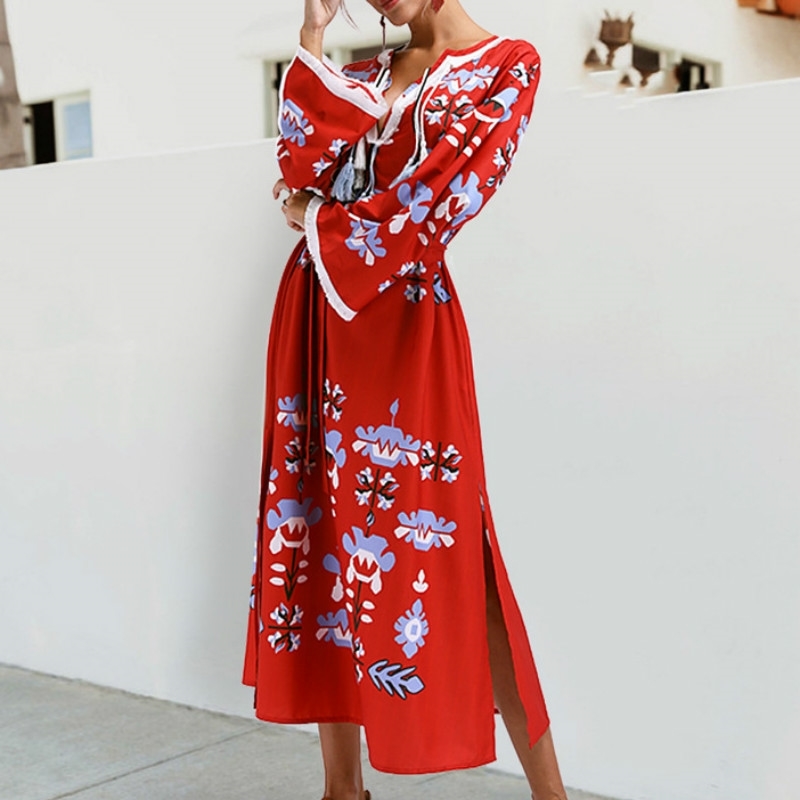 

Boho Long Summer Beach Maxi Dress Women Bohemian Floral Print Chiffon Tassel Casual Backless Sexy Party Sun es Robe 210603, Red