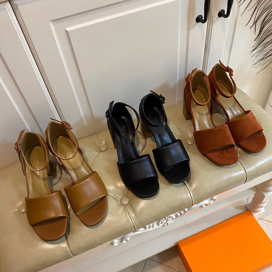 

2021 summer sandals open toe shoes fashion outer wear thick high-heeled women's in-line hollow leather casual, Black