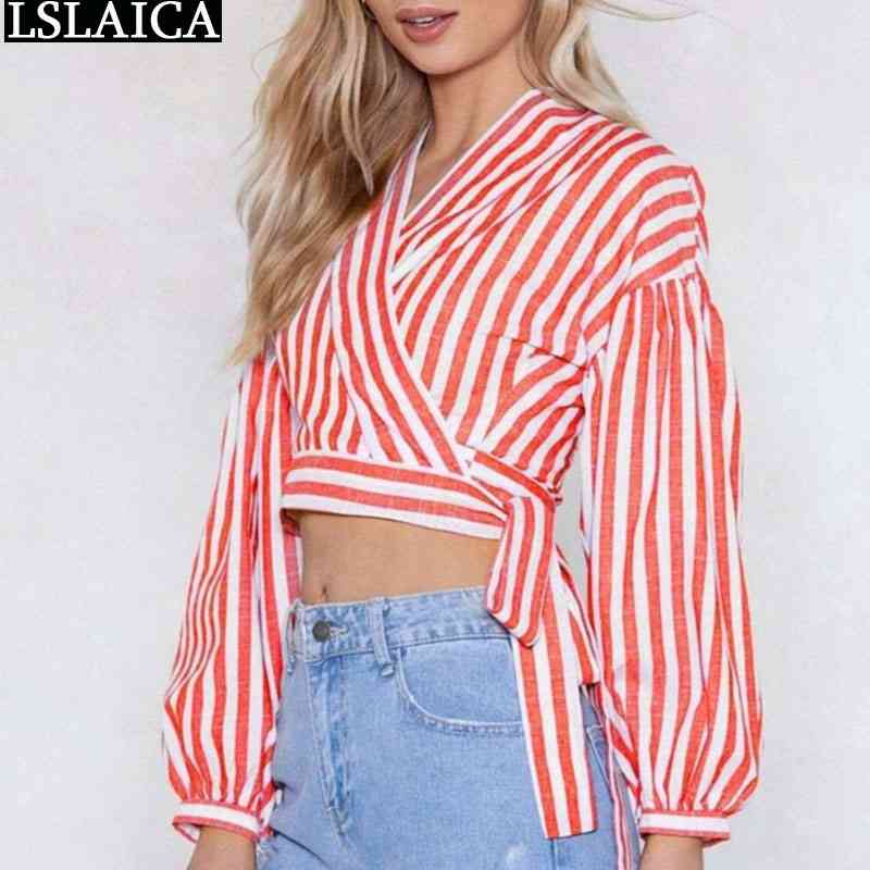 

elegant Striped blouse women long sleeve crop top fashion v neck strappy female shirts Casual tops high street 210520, Red