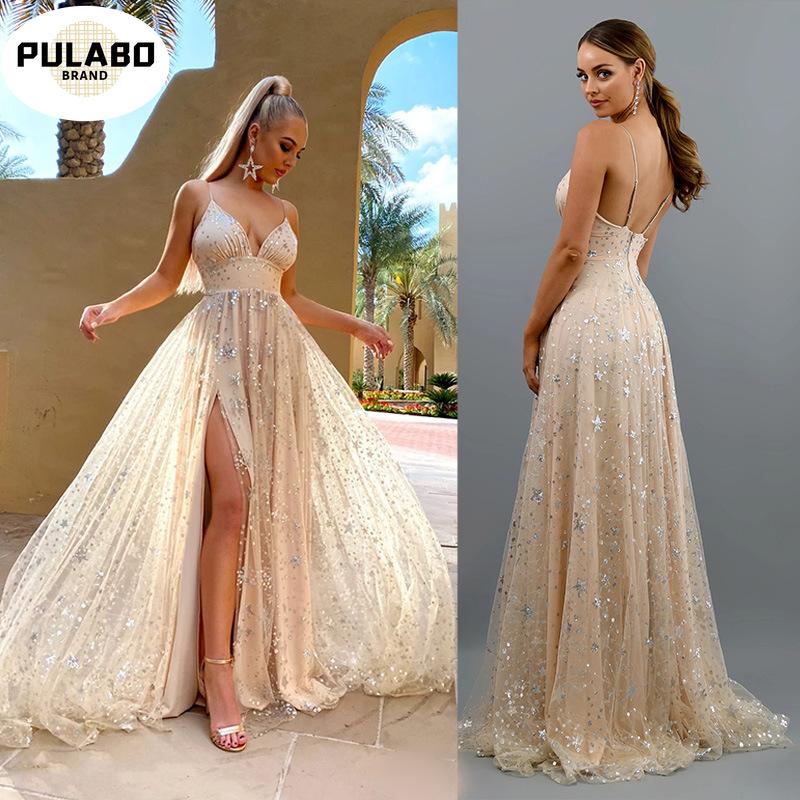 

Casual Dresses Long 2021 Summer Elegant A Line V Neck Tulle Wedding Party Gowns With Sequin Vestidos De Fiesta Elegantes Largos, Apricot