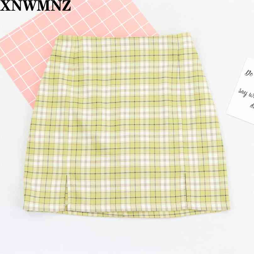 

Women Split Details Plaid Mini Skirt womens harajuku High Waist Short Slim Tartan A-line vadi 210520, Army green