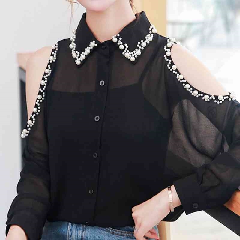 

Long Sleeve Chiffon Blouse Shirt Off Shoulder Top Blouse Women Blusas Mujer De Moda Beading Turn Down Collar Blouse E143 210602, Black