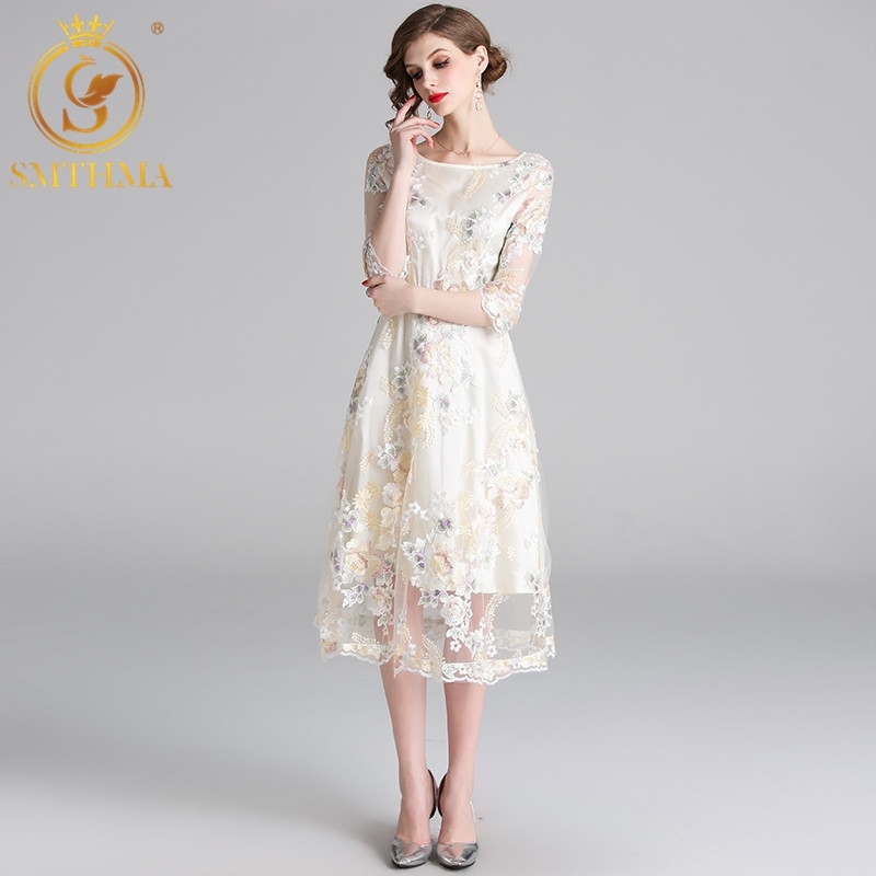 

Autumn Mesh Embroidery Dress Women O-Neck Work Casual Elegant Party es Vintage Long Vestidos 210520, Photo color