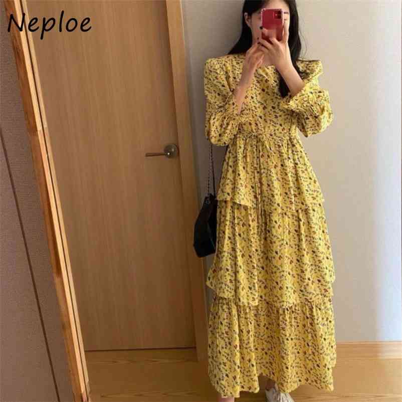 Summer Bohemian Holiday Print Dress Women High Waist Hip A Line Long Vestidos O Neck Pullover Sleeve Robe Spring 210422Z