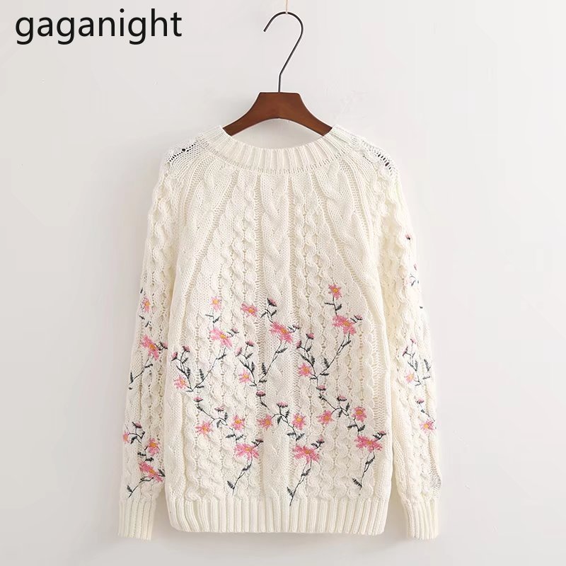 

Gaganight Romantic Sakura Embroidery Women Sweater Long Sleeve O Neck Lady Chic Pullover Solid Casual Loose Pull Femme Fashion 210519, Beige