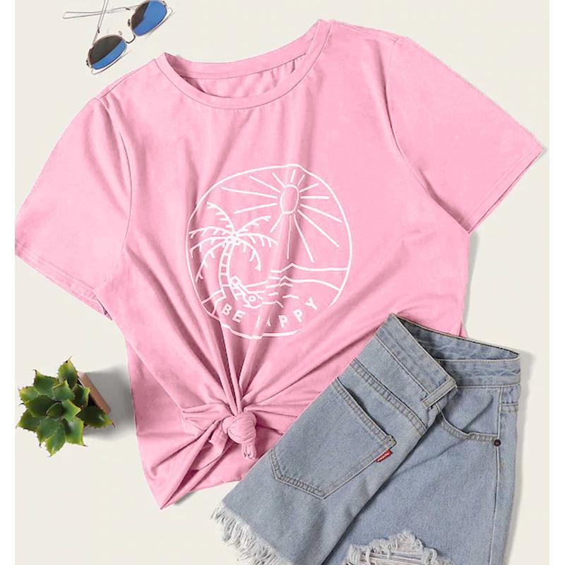 

Women' T-Shirt Be Happy Fancy Summer Graphic Funny Vacay Tees Tops Woman Plus Size Women Crewneck Inspired Tumblr Beach Tshirt Outfit, Black