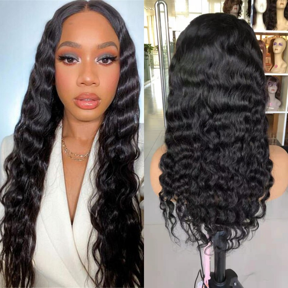 

Brazilian Human Hair Wigs Loose Deep Wave Glueless Middle U Part Wig for Women 22 inch 150% Density, Natural color