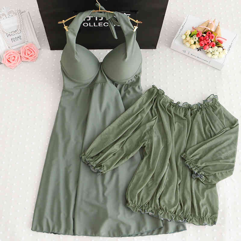 swimwear plus size Swimsuit women&#039;s fat sexy spring loose one-piece skirt two pieces Sport Solid Swimming Suits Bathing Suit-image-677547810