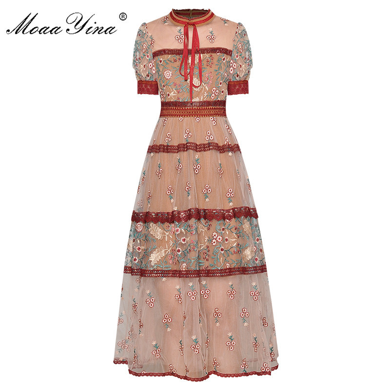 

Fashion Runway dress Summer Women's Dress Puff Sleeve Mesh Embroidery Vintage Midi Dresses 210524, Multi
