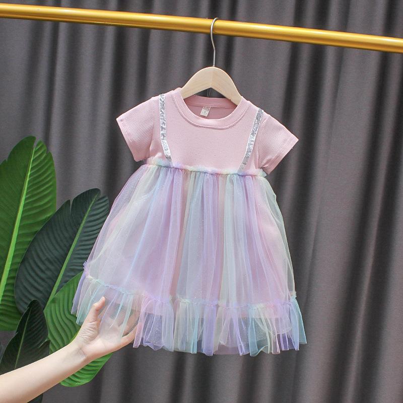 

Girl's Dresses Baby Girls Princess Dress 2021 Summer Infant Short Sleeved Kinting Colorful Lace Splicing Casual Clothing, Pink