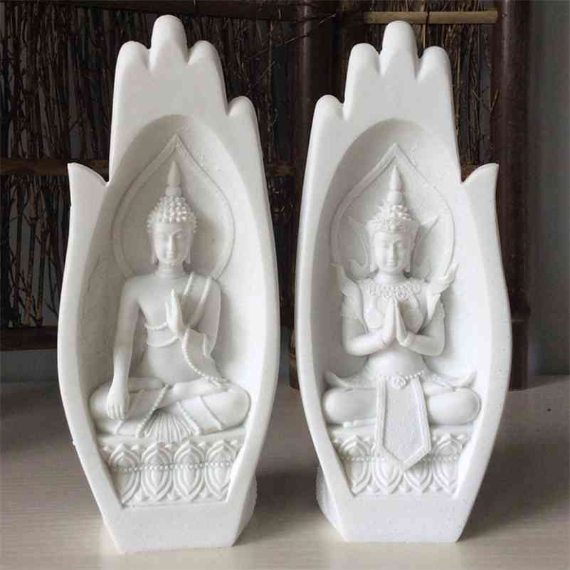 

2pcs/set Sandstone Palm Buddha Statue Living Room Decoration Buddha Sculptures Northern Europe Home Decor budha Figurines 210414