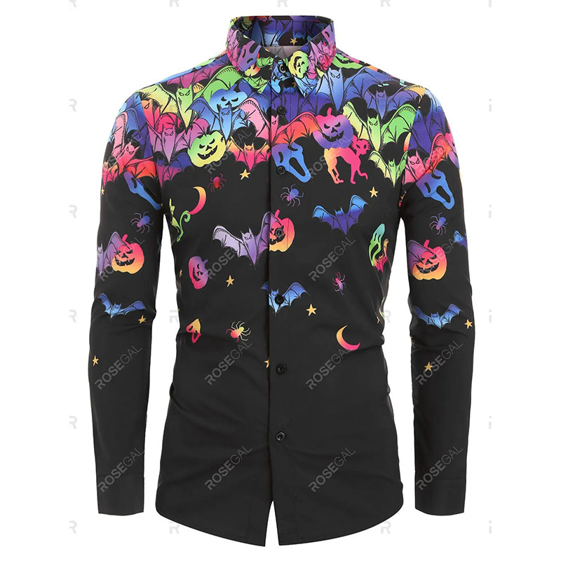

Halloween men's bat pumpkin print long sleeve shirt, White;black