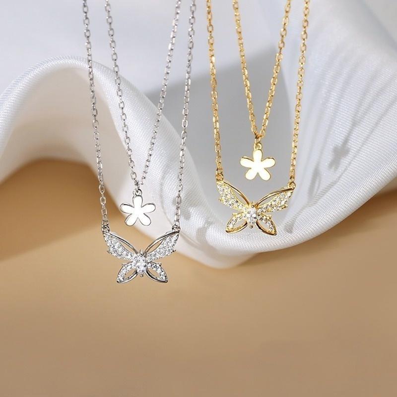 

Chains Fashion Diamond Butterfly Double Necklace Round Bead Bracelet Lightweight And Luxurious Folding Design Fairy Tale Female Jewelry