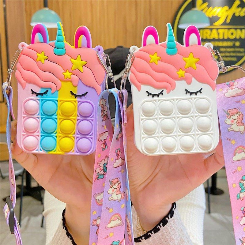 

Cute Unicorn Pouches Popit Push Bubble Silicone Case Autism Sensory Fidget Storage Bag Strap
