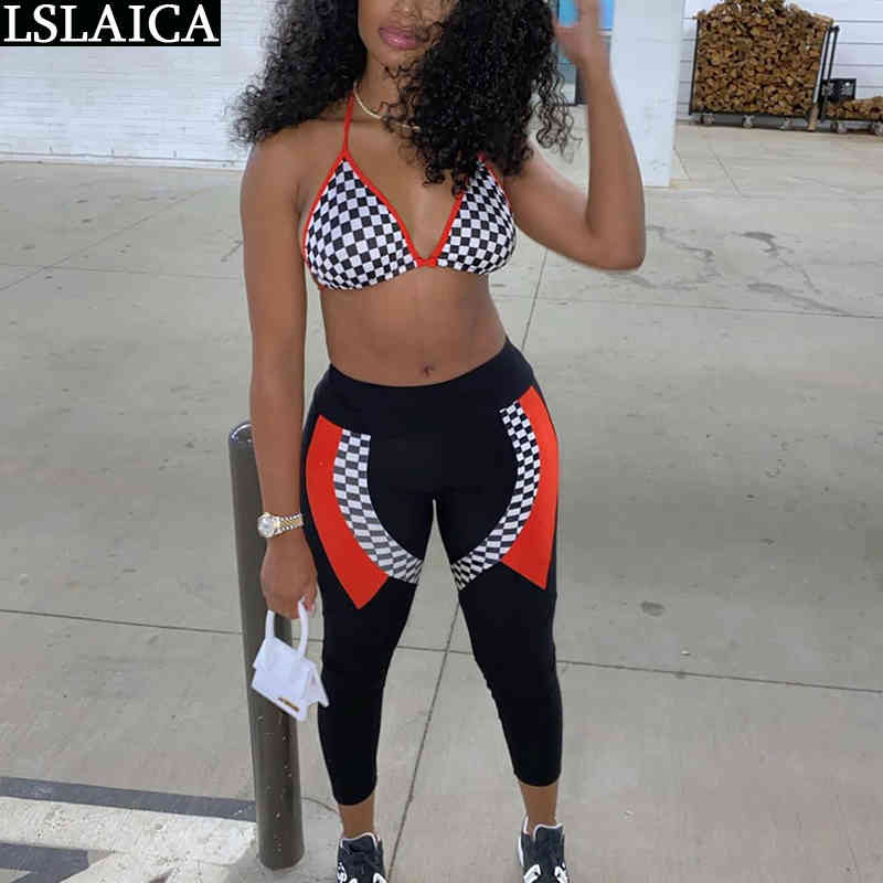 

Sexy Two Piece Set Women Plaid Print Halter Spaghetti Strap Sleeveless Crop Top And Ankle-length Pants Tracksuit Pantalones 210520, Blue