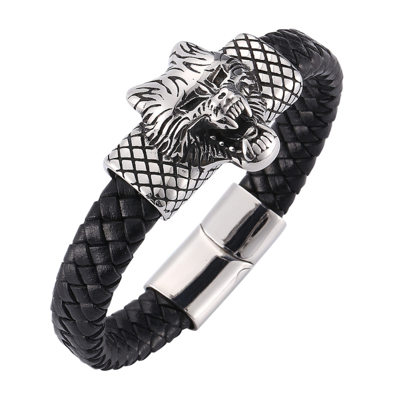 

Funky Punk Genuine Leather Stainless Steel Ravenous Wolf Charm Bracelet