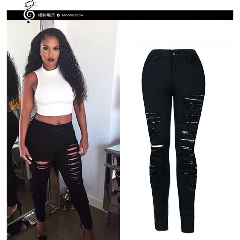 

jeans 2021 personalized street fashion full strip torn and slim stretch high waist leggings, Blue