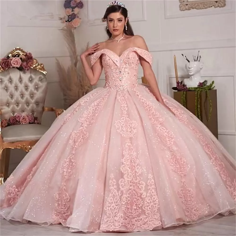 

Princess Pink Ball Gown Quinceanera Dresses Puffy Off Shoulder Appliques Sweet 15 16 Dress Graduation Pageant Prom Gowns Vestidos de xv años, Olive