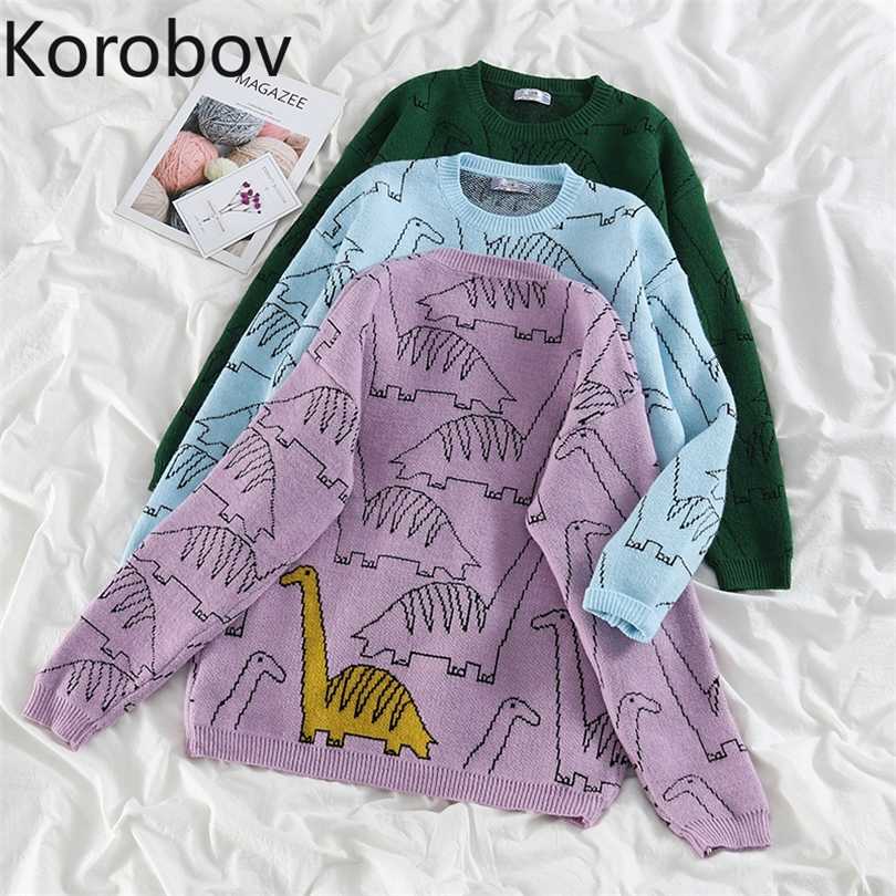 

Korobov Japanese Style Vintage Cartoon Women Sweaters Korean O Neck Long Sleeve Harajuku Pullovers Preppy Sueter Mujer 211018, Green