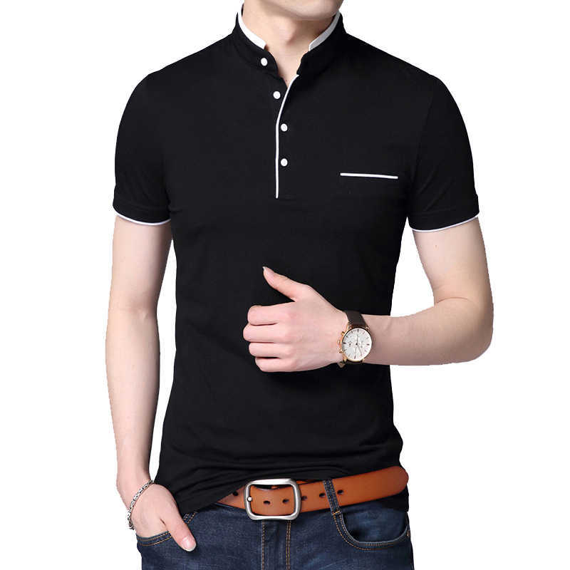 

BROWON Fashion Men T-shirt Summer Short Sleeve Stand Collar Solid Slim Cotton Tops Tees Plus Size 5XL 210629, Black t-shirt