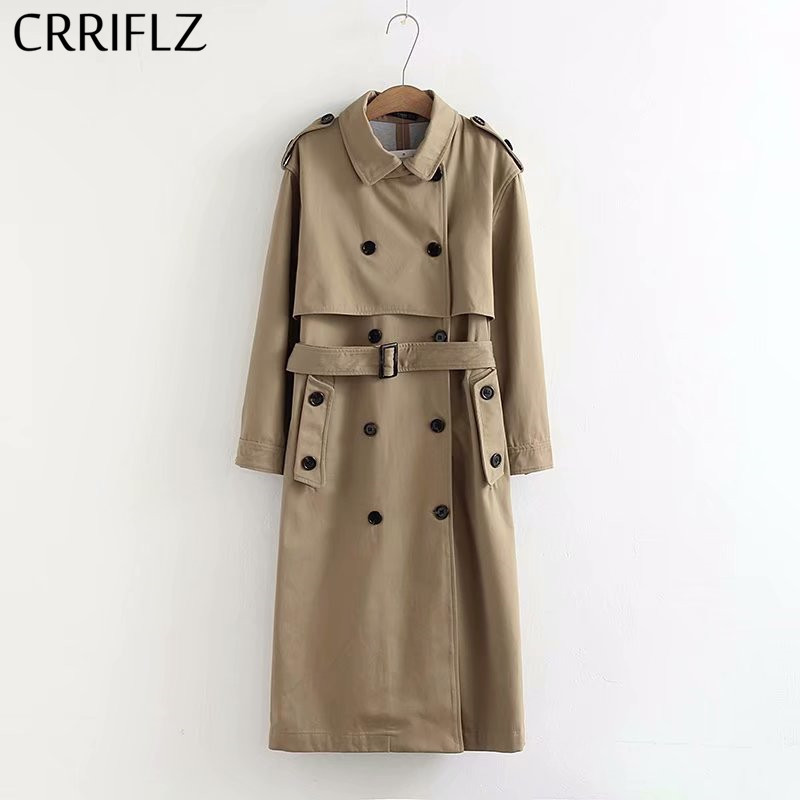 

Women Casual Solid Color Double Breasted Outwear Sashes Office Coat Chic Epaulet Design Long Trench CRRIFLZ Autumn Collection 210520, Khaki