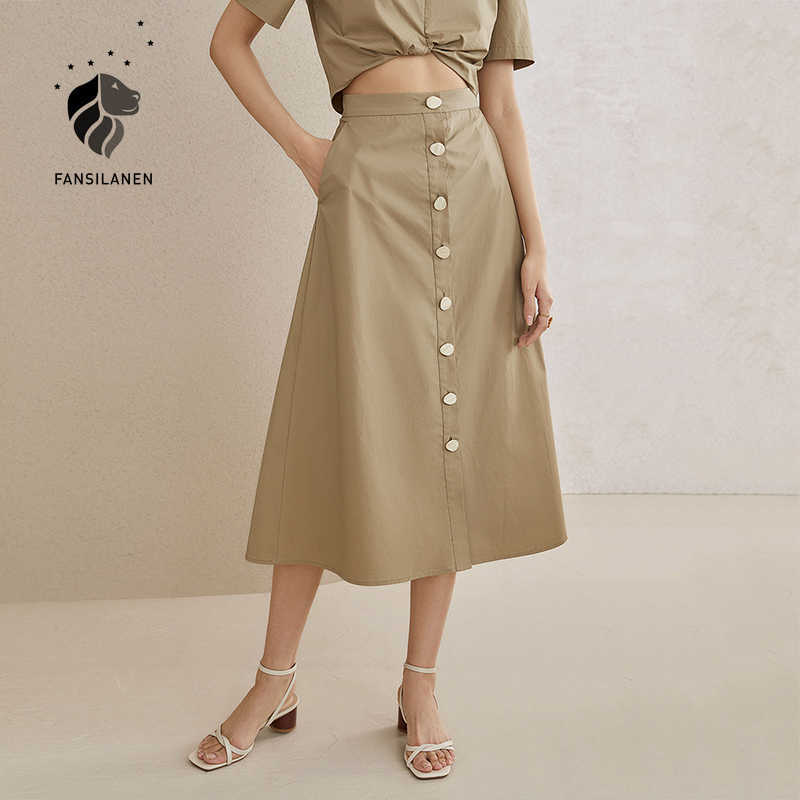 

FANSILANEN Elegant high waist long a-line skirt Women office lady casual button wrap Spring summer cotton vintage 210607, Khaki