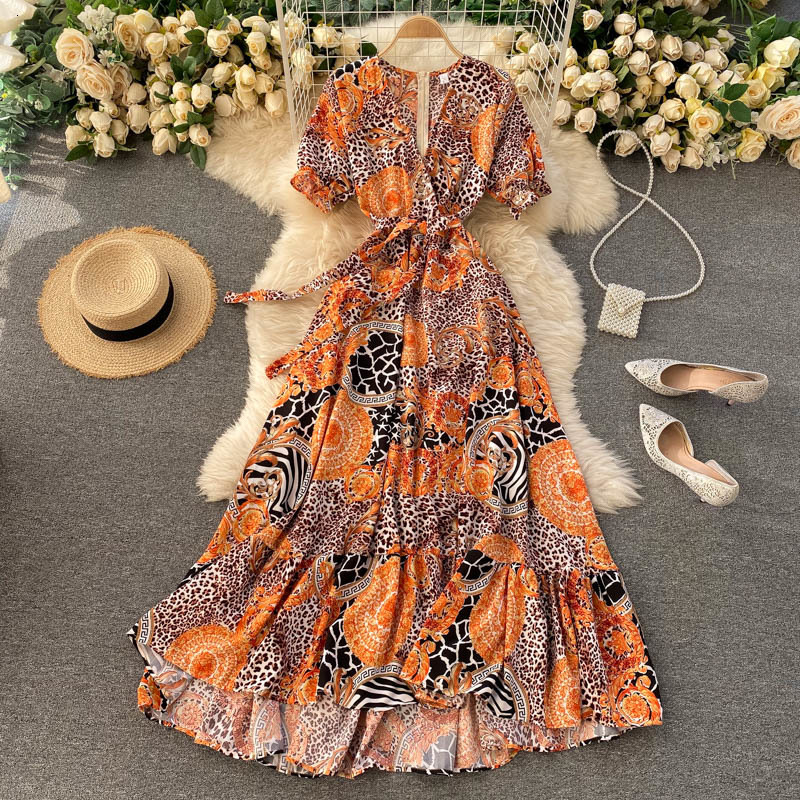 Two Piece Dress Foamlina Short Sleeve Summer Women Casual V-neck Sash Lace-up Back Zipper Floral Print A-line Boho Beach Party Max-image-700589589