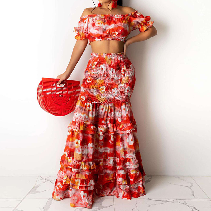 

Two Piece Floral Printed Dress Suits Pleated Short Sleeve Off Shoulder Tube Top & Maxi Skirt Set 210521, Red