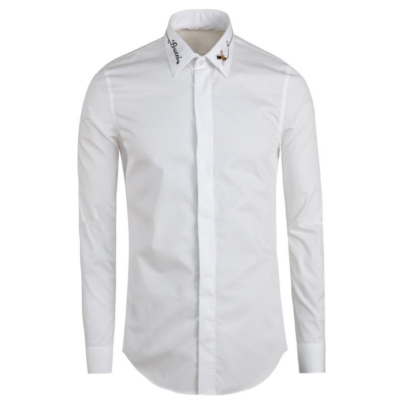 

Men's Dress Shirts Autumn And Winter Long-sleeved Shirt Fashion Slim Bee Embroidered Black White Large Size For Men
