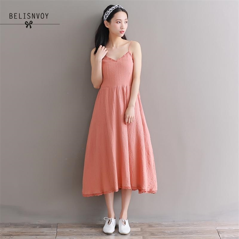 

Japanese Summer Women Dresses Spaghetti Strap Lace Cotton Linen Mori Girl Sexy V-neck White Orange Vestidos 210520