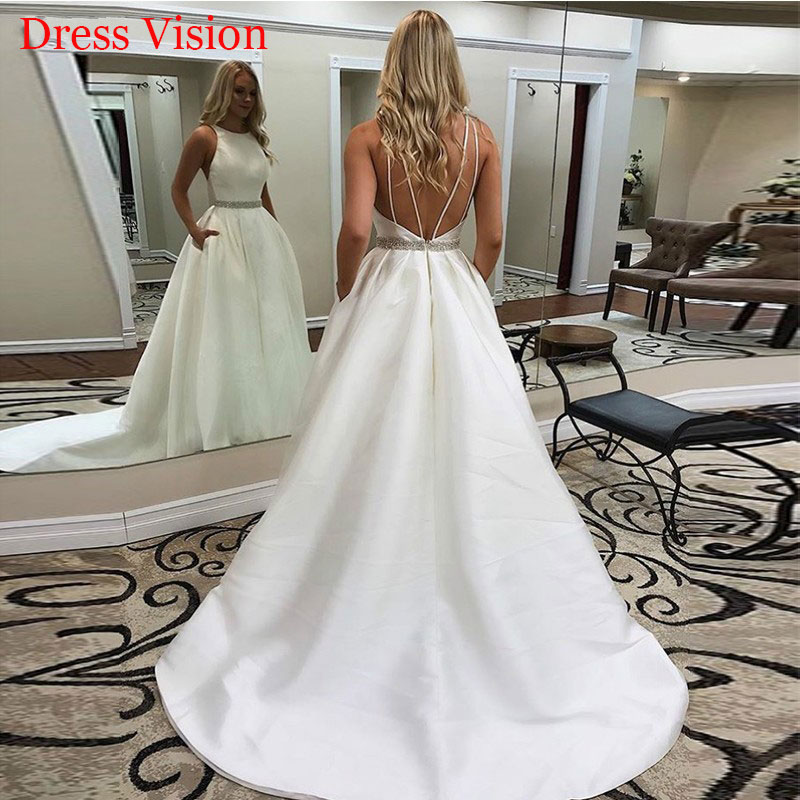

Elegant Satin O-neck Sexy Backless Wedding Dresses Vestidos De Novia Robe De Soire De Mariage Sweep Train Wedding Gown, White