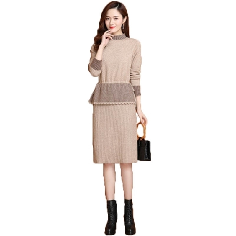 

Tricot Pullovers Dress Fall Winter Ladies Slim Fake Two Piece Knee-length es Casual Straight Ribbed for Women Party 210604, Coffee