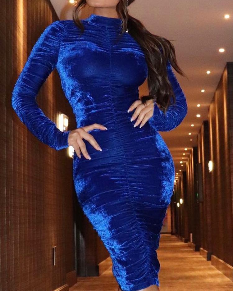 

Women Spring Sexy Velvet Mock Neck Ruched Bodycon Dress Ladies Solid Sexy Formal Slim Fit Midi Dress Female Party Long Dress 210415, Blue
