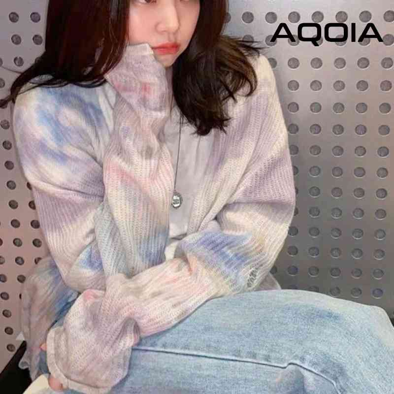 

Autumn Korean style Ripped Hole Button Up Women Knitted Sweaters winter Long Sleeve Tie dye Loose Plus Size Female Cardigan 210521, Sku