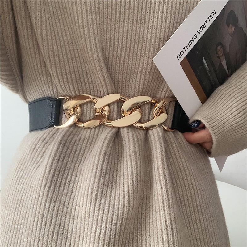 

Belts Silver Big Chain Belt Special Design No Buckle Waistbands Black Elastic Wide Cummerbunds Weight Chains Dress Coat Decorate