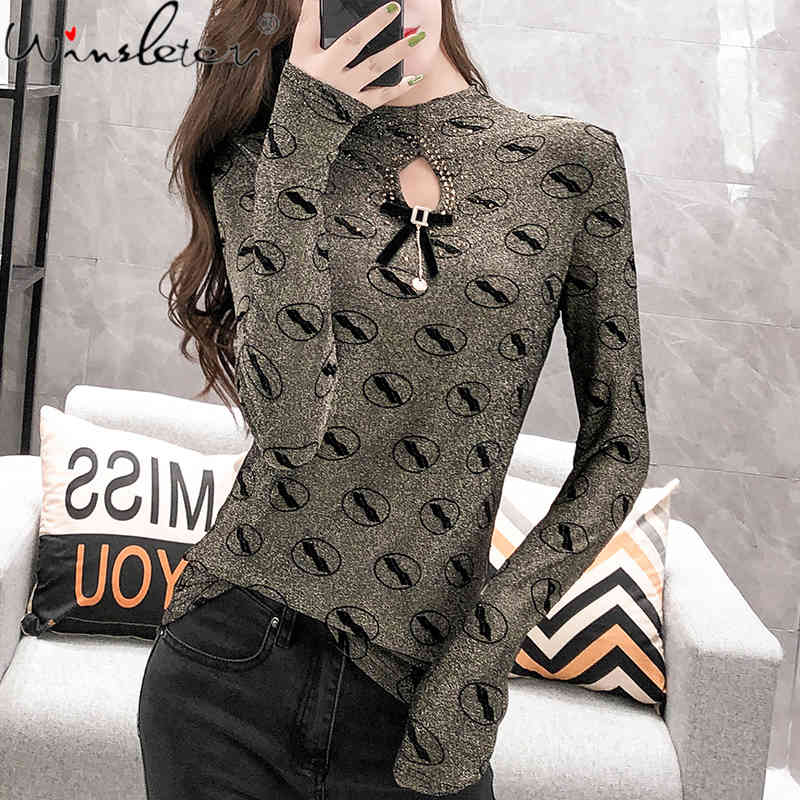 

Women's T-Shirt Autumn Winter Diamonds Hollow Out T-shirt Turtleneck Women Fashion Casual Simple Shiny Tshirt Tops Long Sleeve Fem, Gold tshirt