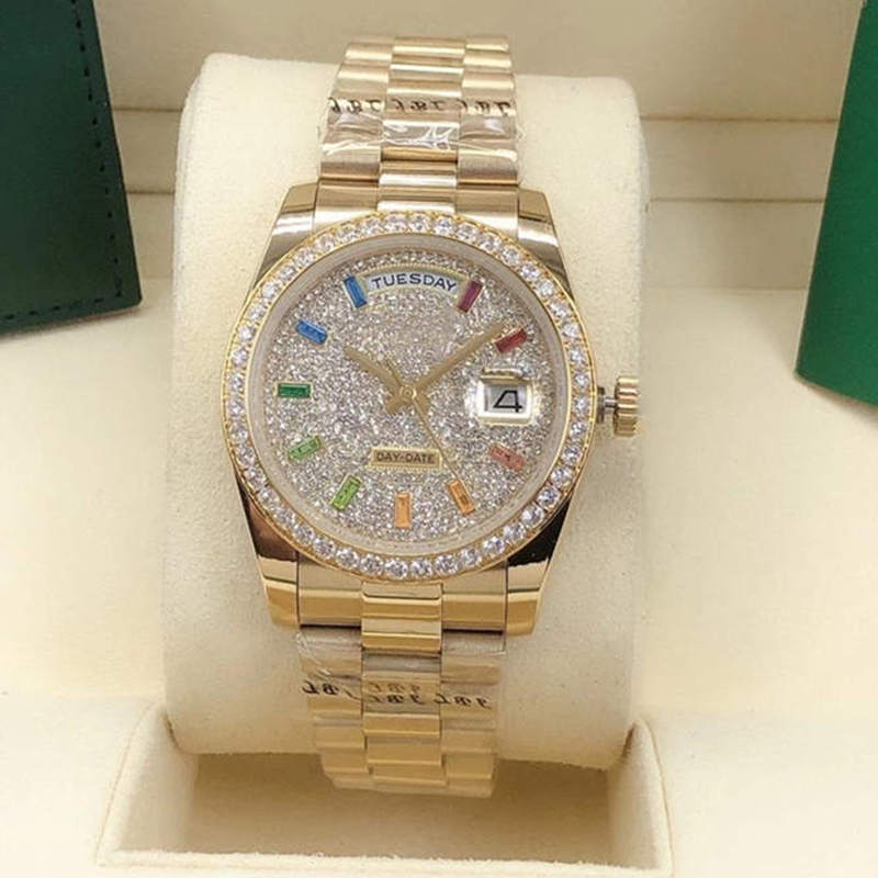 

Ladies Automatic Watch 36mm diamond bezel Sapphire face Rainbow square diamond ding stainless steel discount waterproof, As is shown in