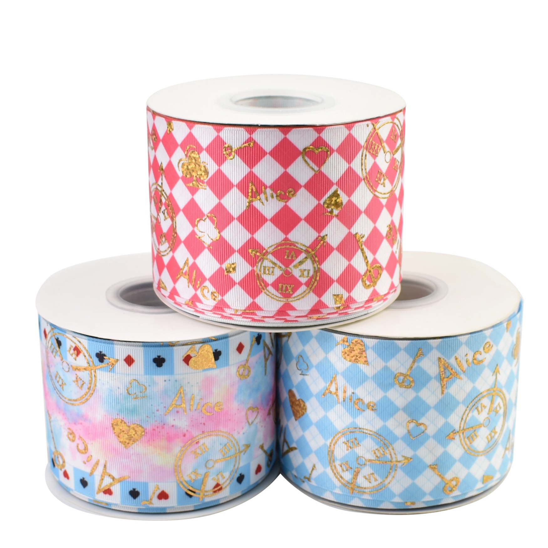 

50yards 75mm Hologram Gold Foil Alice text Grosgrain Ribbon For DIY Accessories Welcome Custom Printed