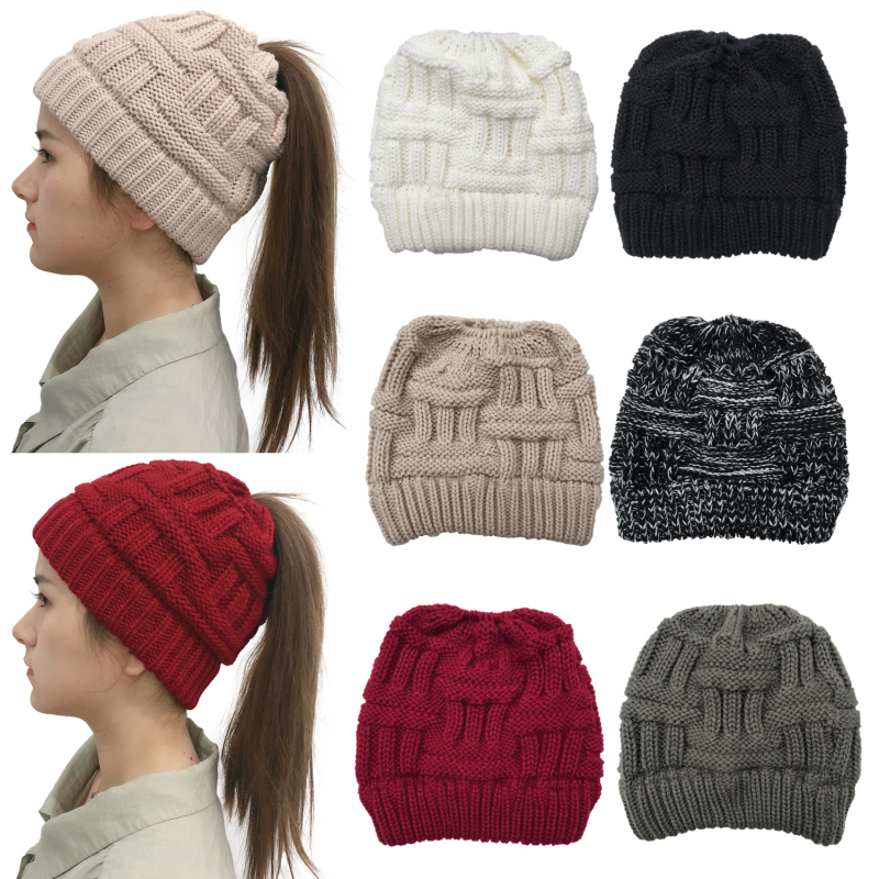 

Winter Women Keep Warm Casual Knitting Woolen Beanie Caps Ponytail Hats for Gift, White
