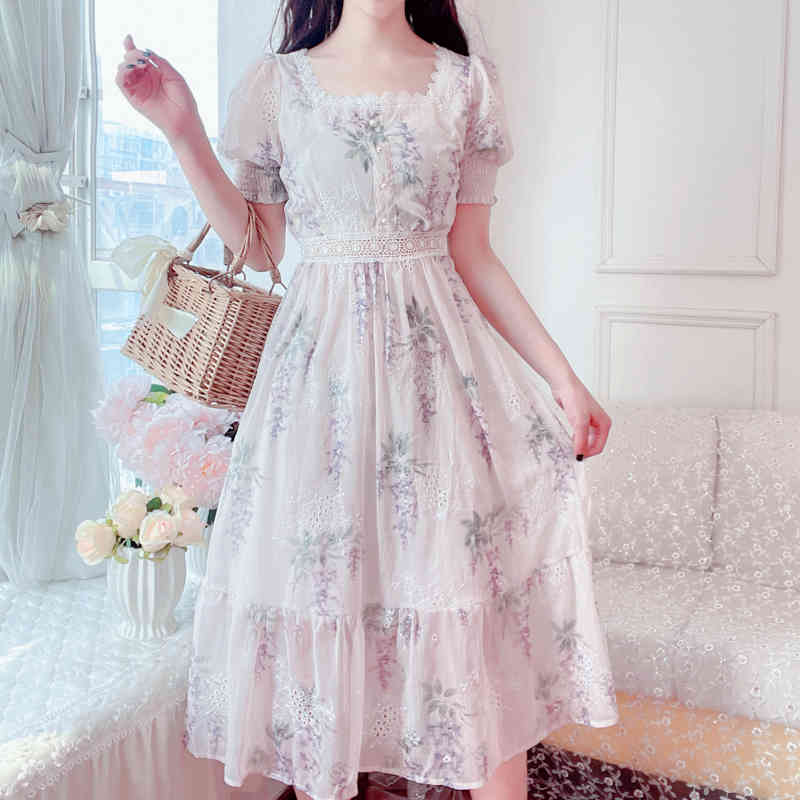 

Women Dress Korean Summer Elegant Vintage Casual Floral Lace Splicing High Waist Fairy Midi Dresses 210518, Photo color