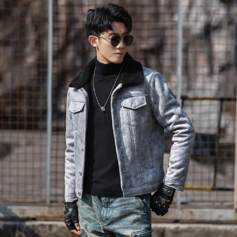 

Men's Fur & Faux Leather Jacket 2021 Winter Plus-size Fashion Casual Men Solid Lapel Single-breasted Slim Retro Warm, Black